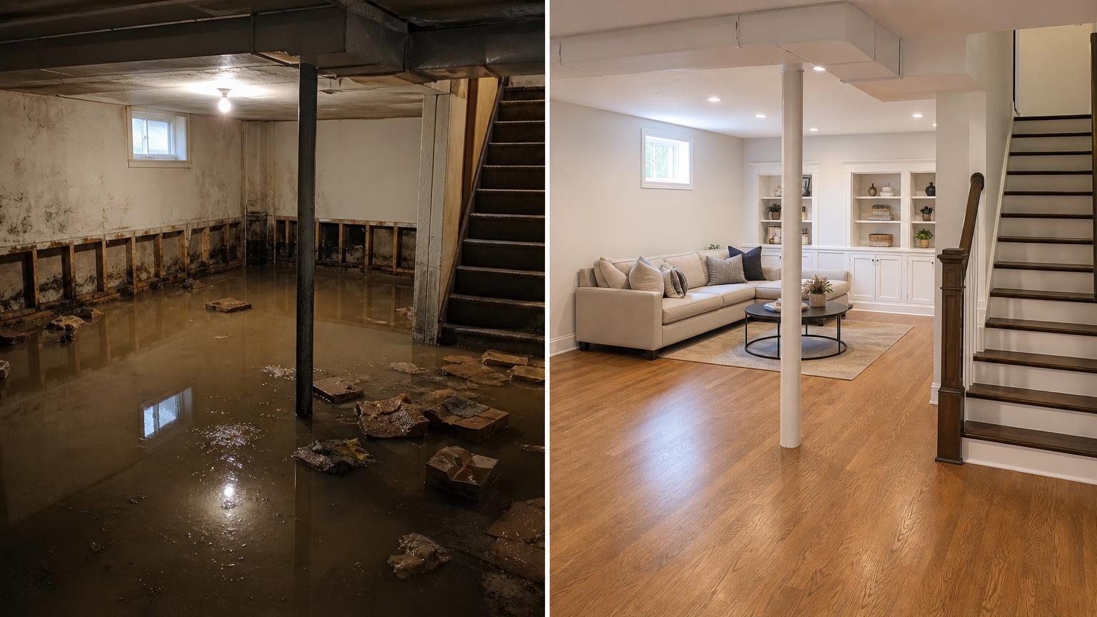 Ottawa basement before and after Reno Pro renovation: flooded concrete floor transformed into a finished oak-floored living room