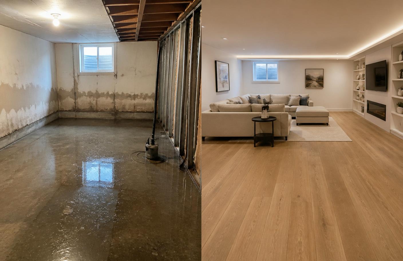 Ottawa basement before and after Reno Pro renovation: flooded concrete floor transformed into a finished oak-floored living room